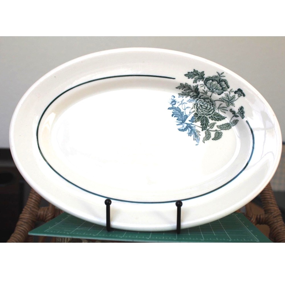 Walker China Oval Serving Platter Vintage Green Floral Restaurant Ware D-50 10in